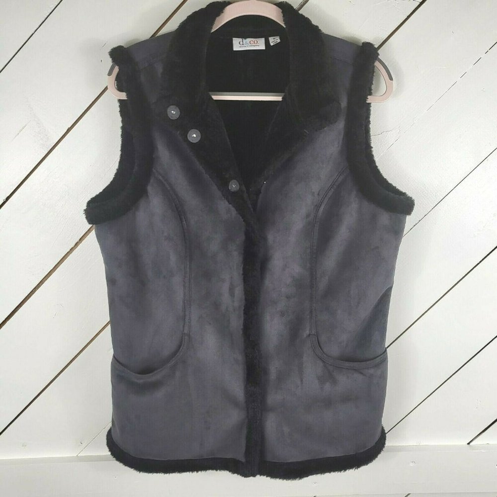 Denim & Co. Women's Size M Faux Suede Snap Front Vest w/Faux Fur Blue